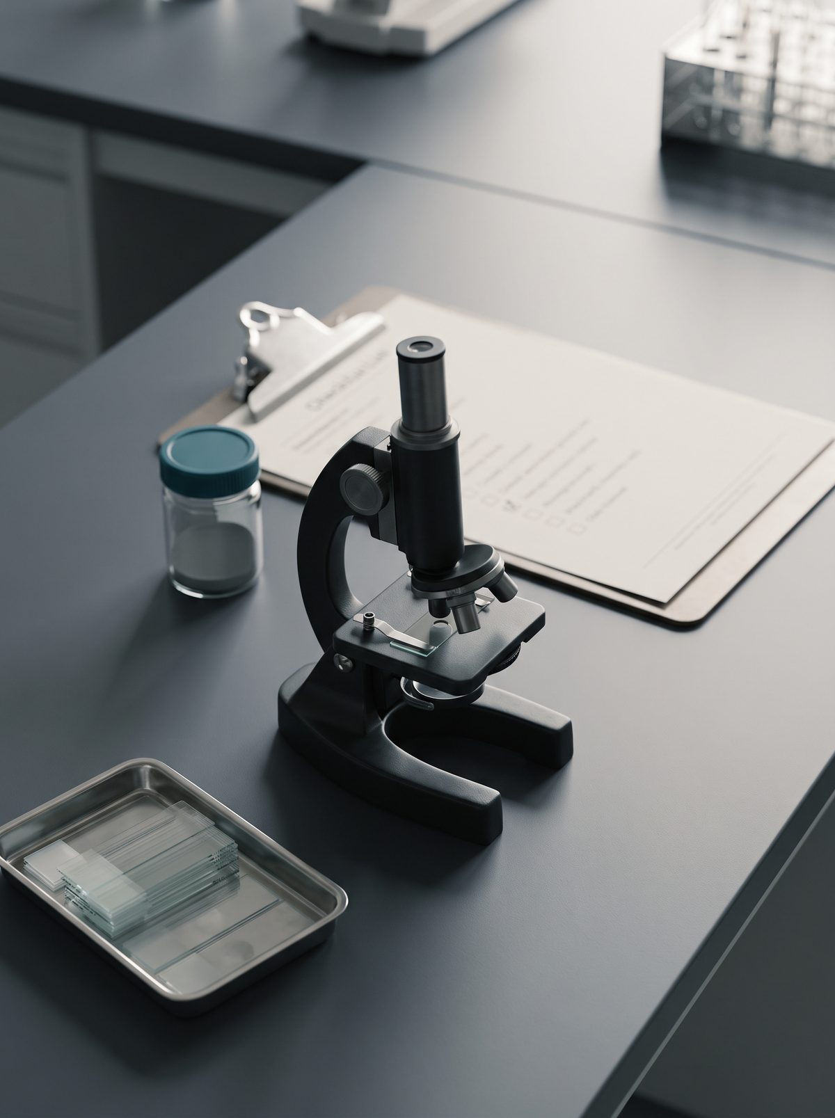 Laboratory bench detail: a microscope, a tray of clean glass slides, a clipboard checklist, and a closed sample jar with a teal cap on a charcoal work surface.