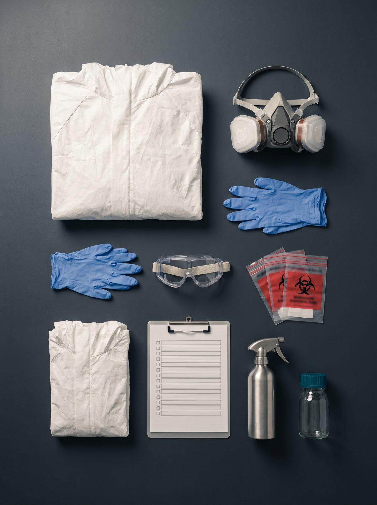 Professional biohazard remediation equipment neatly laid out on a charcoal work surface: protective coveralls, N95 respirator, nitrile gloves, safety goggles, biohazard disposal bags, checklist, and stainless steel spray bottle.